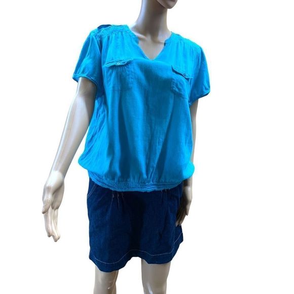 Nine West Jeans  Blue Gauzy Short Sleeved Elastic Waist Top L (A-080) - Picture 1 of 8
